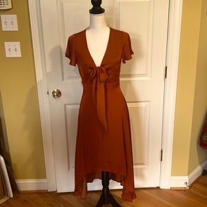 - NWT Small Dress Flutter Blue Rain Orange/Copper color fitted v-neck